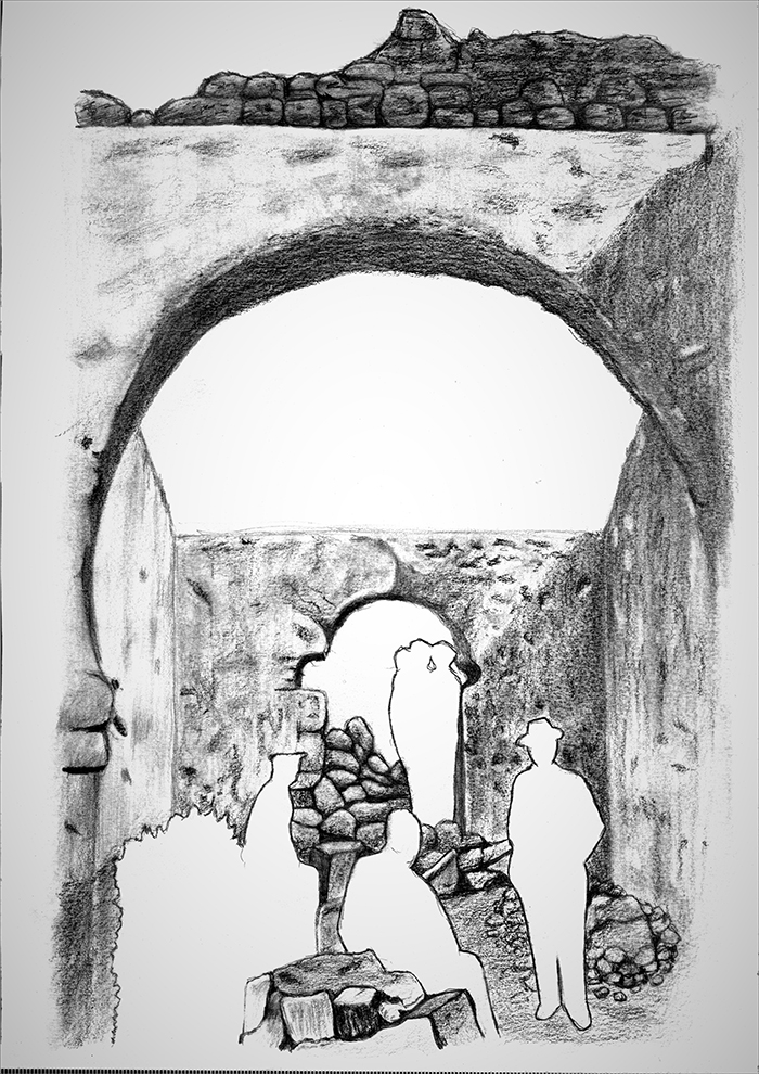 Al fondo, desde el interior de la iglesia, el arco de entrada sur. En primer término un arco conservado del crucero. Dibujo realizado a partir de la fotografía de 1903.